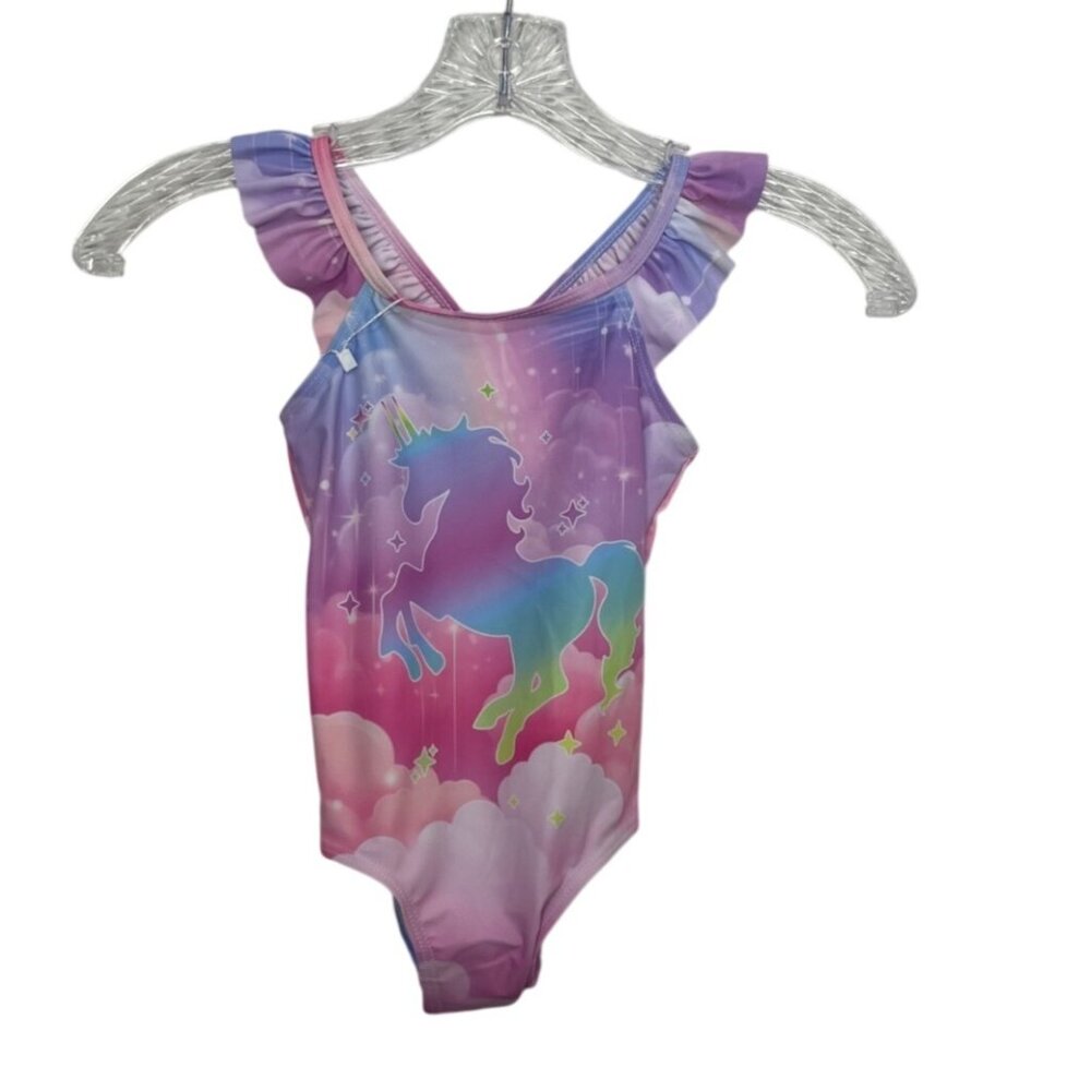 Unicorn Print One Piece Swimsuit Girls Small Pink Purple Ruffle Straps Pool Vaca
